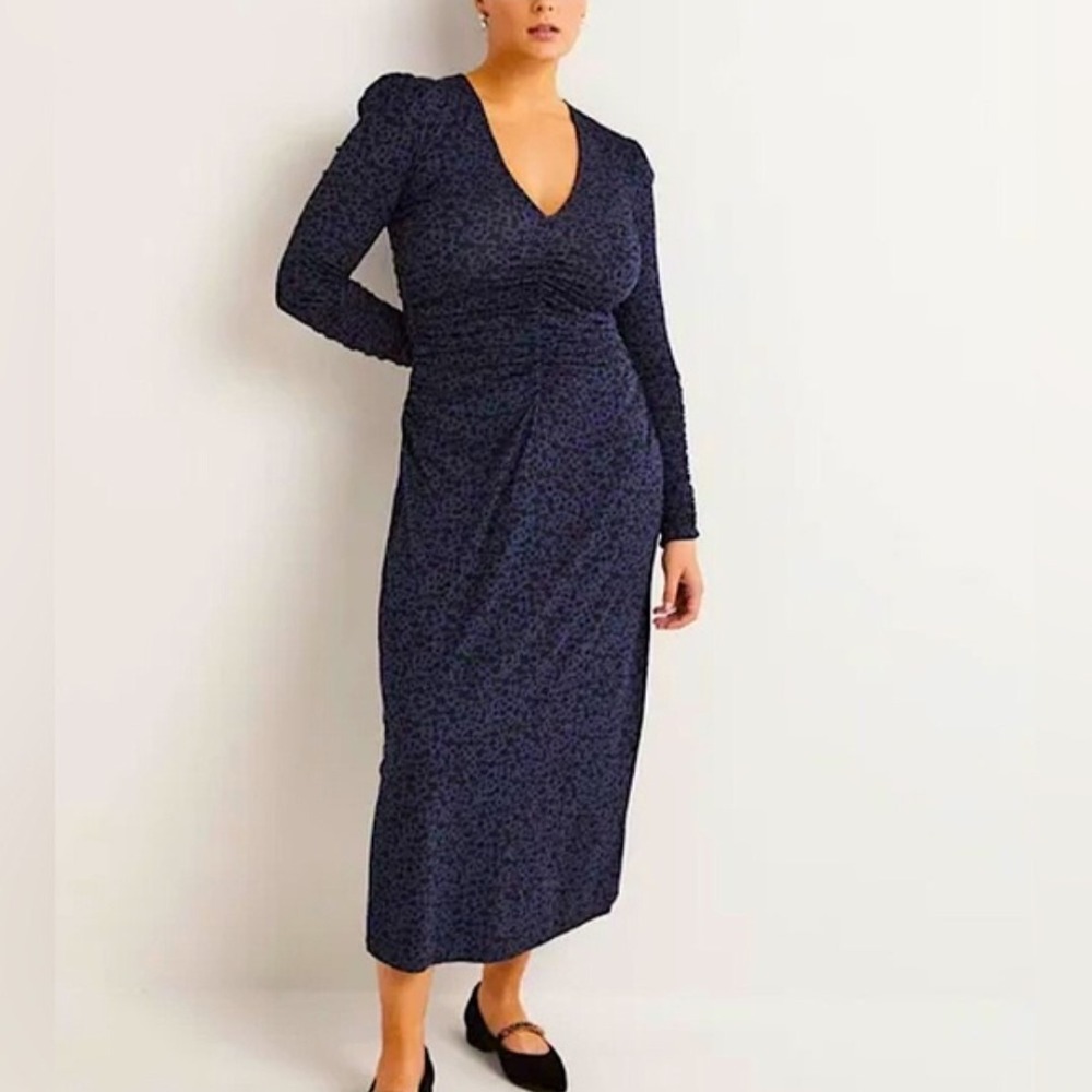 Boden Navy Blue Black Print Ruched‎ Jersey Midi Dress 6 Artsy Coachella Office